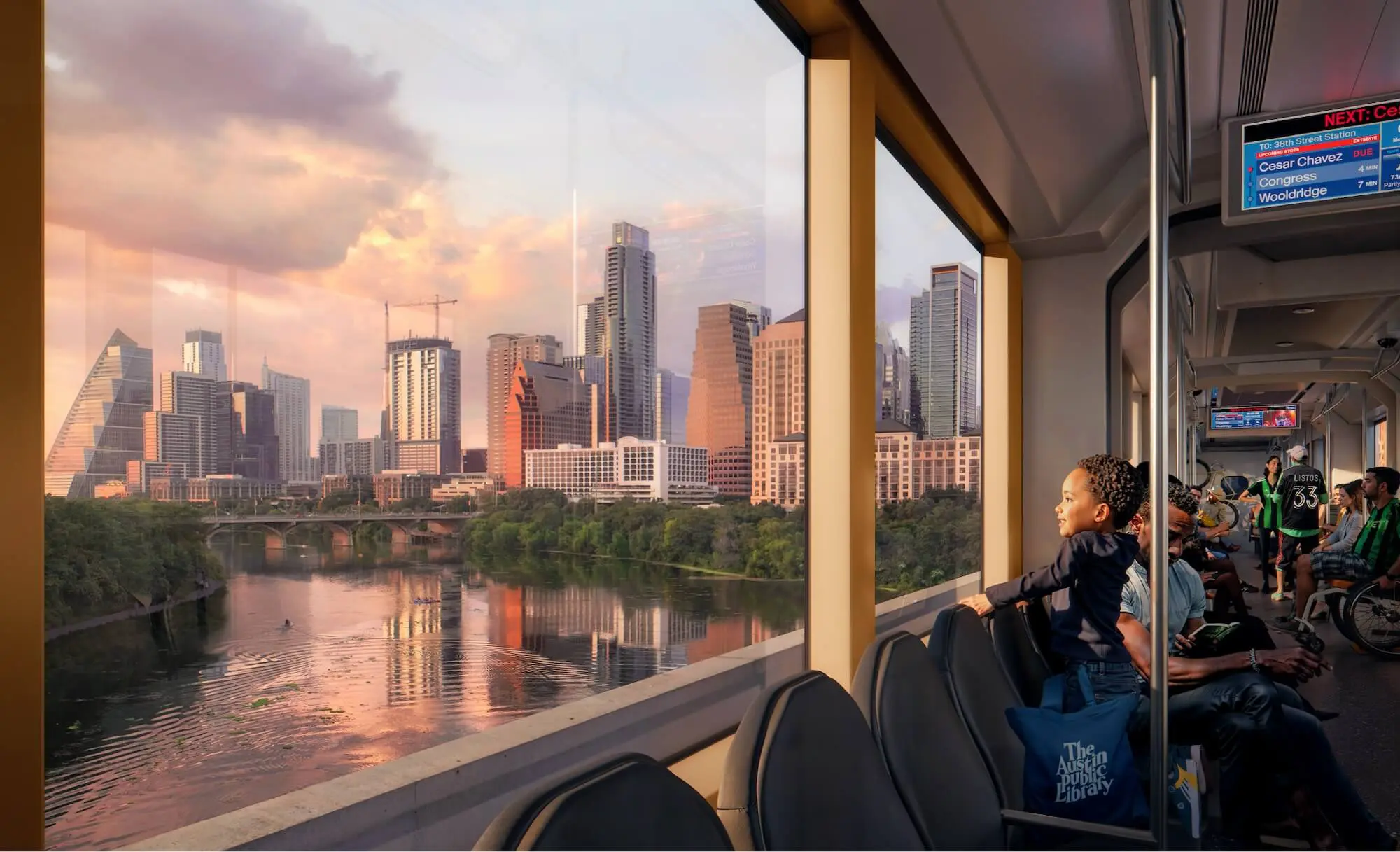 Light rail over bridge on Lady Bird Lake Austin