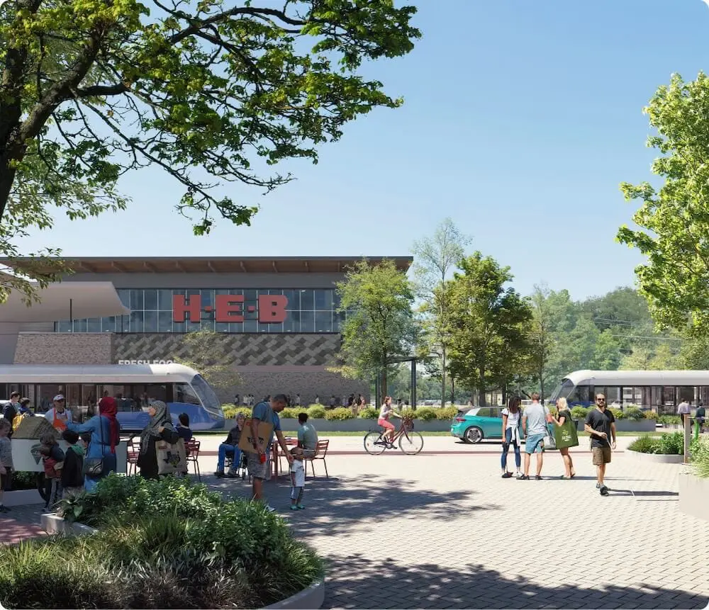 Rendering of HEB grocery store at light rail station