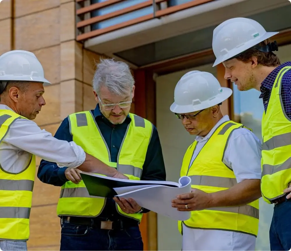 Light rail workers in meeting with engineers